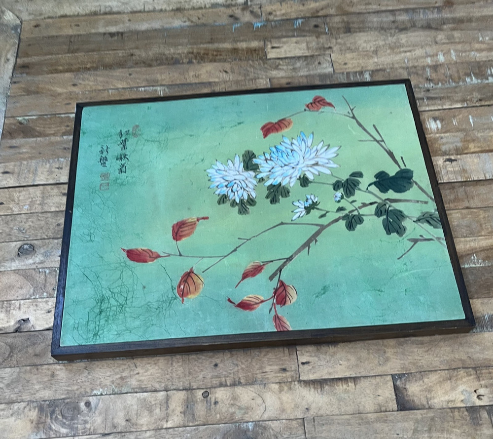 Chinese Watercolor Painting of Chrysanthemums on a Green Background Wooden Frame
